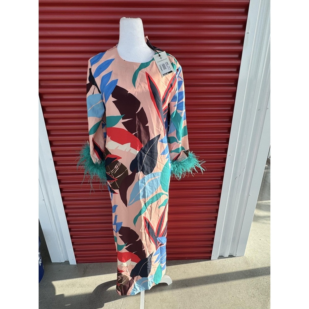 Tuckernuck Dress Womens M Tropical Vibrant Palm Feather Jamie Long Sleeve NEW